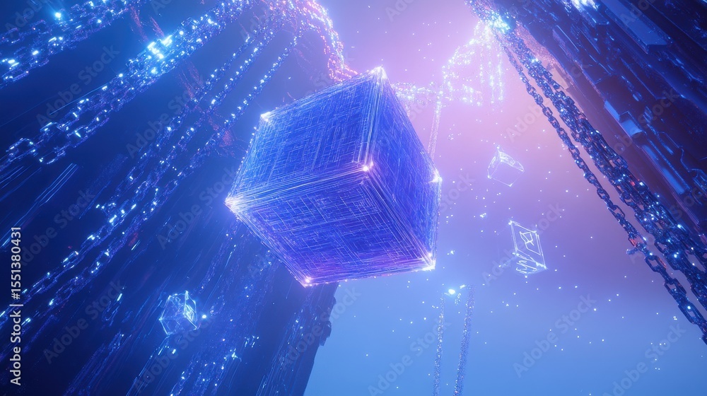 Aufkleber Glowing cube suspended in chains with digital particles in abstract space