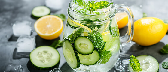 Refreshing Cucumber Lemon Mint Water in a Glass Jar with Ice Cubes