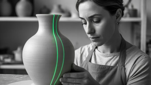 Female adult caucasian artist crafting pottery vase with laser precision - Powered by Adobe