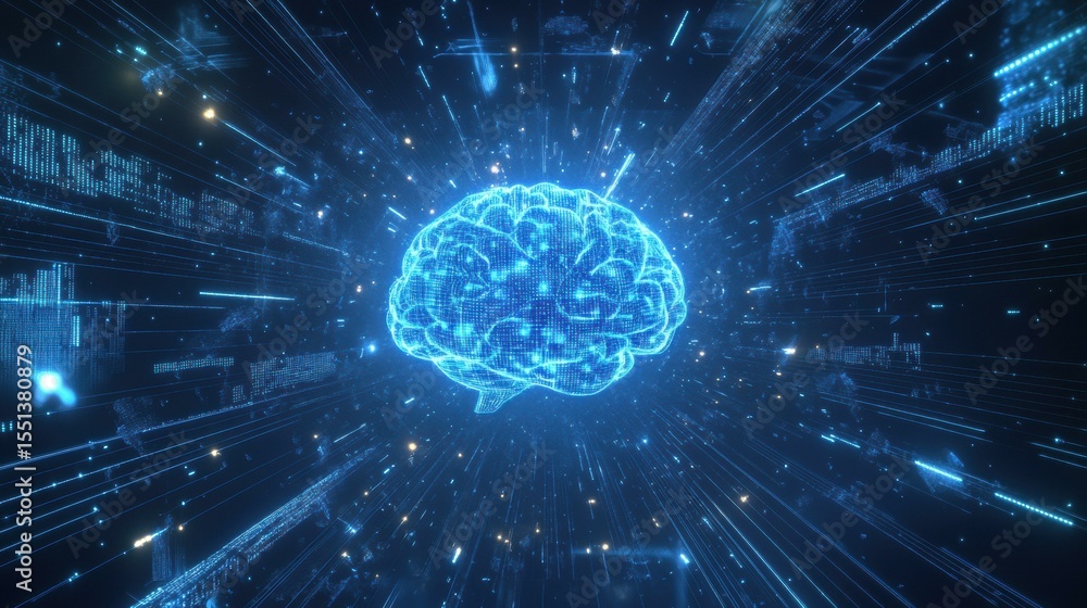 Poster Glowing digital brain with data streams in abstract space