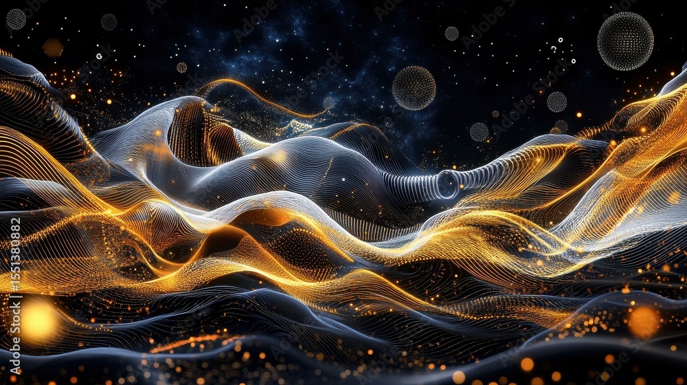 Poster Abstract light patterns in gold and silver flowing in space