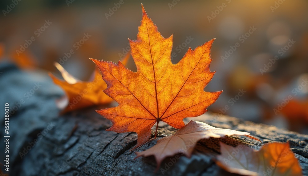 Aufkleber backlit autumn leaf in serene forest setting