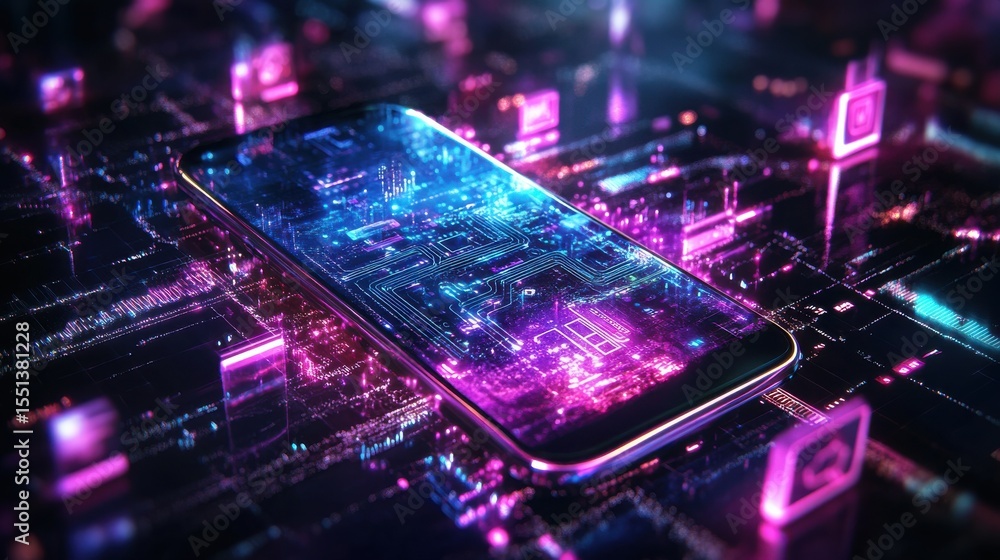 Poster smartphone with glowing circuit board in abstract digital space