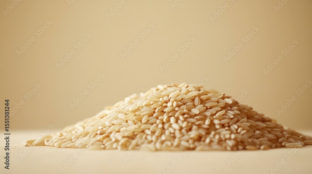 Poster large pile of uncooked rice on neutral background in studio