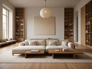 Modern minimalist living room with large sectional sofa wooden coffee tables and built in bookshelves