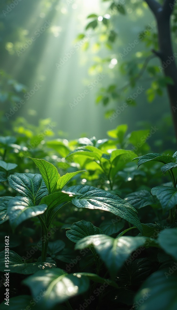 Poster sunlight illuminating various plants in serene forest setting