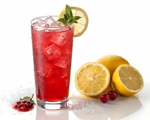 Refreshing red berry drink with lemon and mint garnish on white background