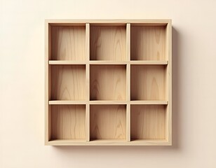 Clean and empty natural wood cube shelf organizer against a soft beige background