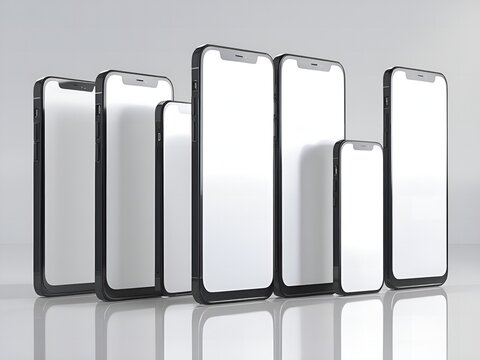 Multiple modern smartphones with blank white screens arranged in a row on a reflective surface