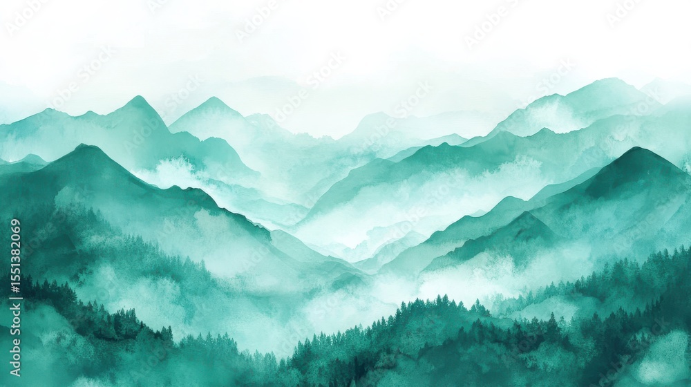 Poster Misty mountain range with trees in serene nature setting