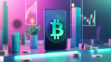 Futuristic smartphone and Bitcoin symbol in indoor setting