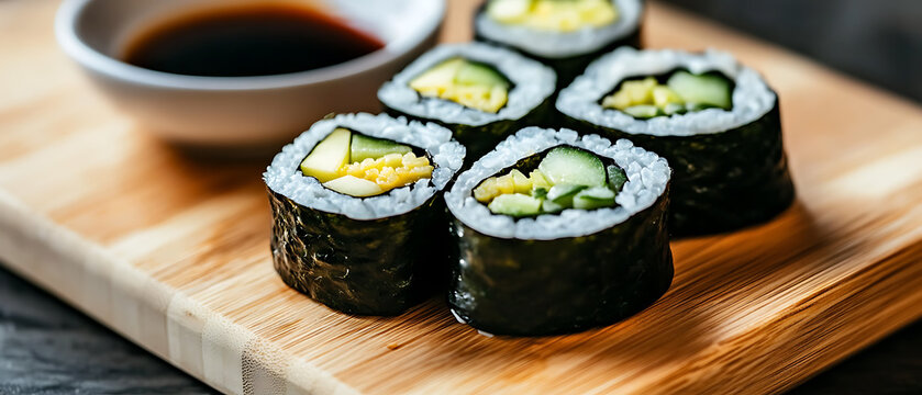 Fresh Sushi Rolls with Cucumber and Avocado on a Bamboo Cutting Board