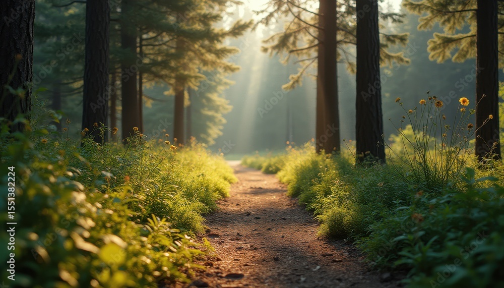 Poster tranquil forest path surrounded by trees and flowers
