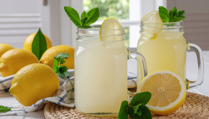 Refreshing Lemonade with Mint in Mason Jars