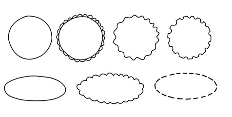 Set of whimsical frames. Hand drawn wavy frames for trendy invitations, cards, menu design. Doodle circle oval borders isolated on white background.
