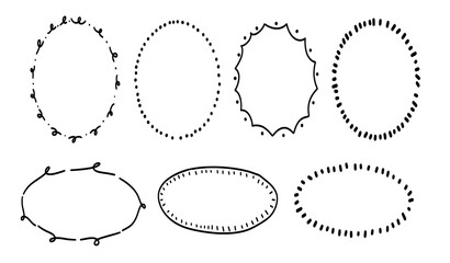 Set of whimsical frames. Hand drawn wavy frames for trendy invitations, cards, menu design. Doodle circle oval borders isolated on white background.