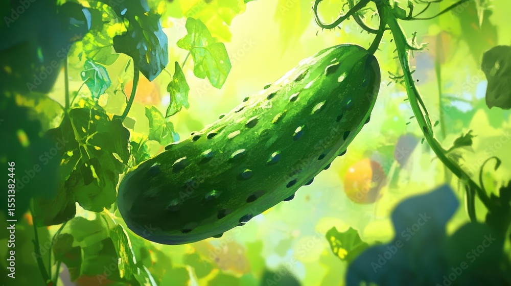 Poster fresh cucumber growing on vine in serene garden setting