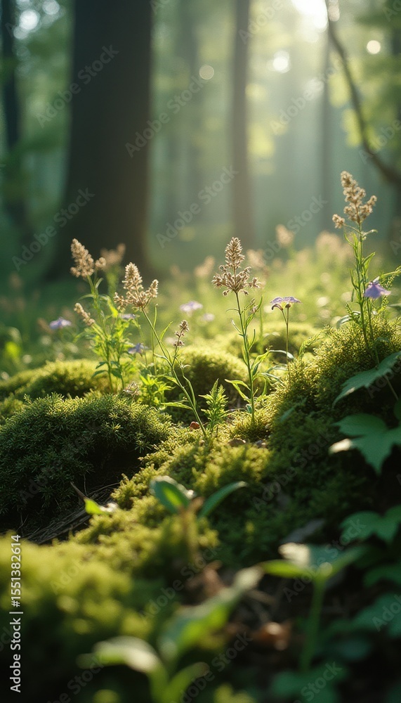 Poster illuminated flowering plants and moss in serene forest setting