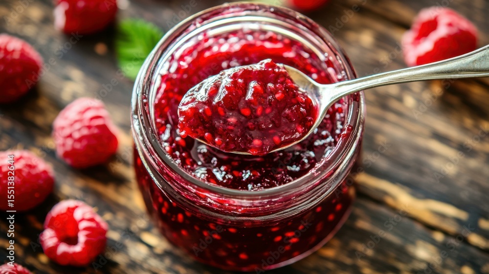 Aufkleber raspberry jam and fresh raspberries on wooden surface