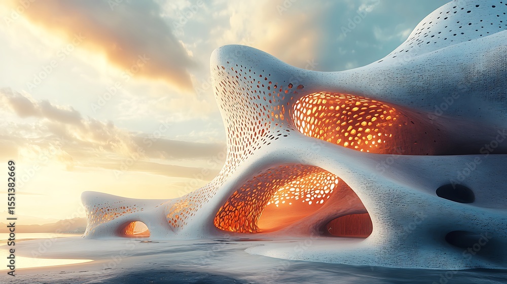 Poster futuristic architectural design with porous structure and warm light at sunset