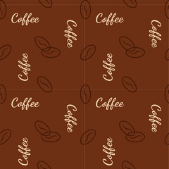 Pattern with coffee beans and lettering Coffee on brown background.