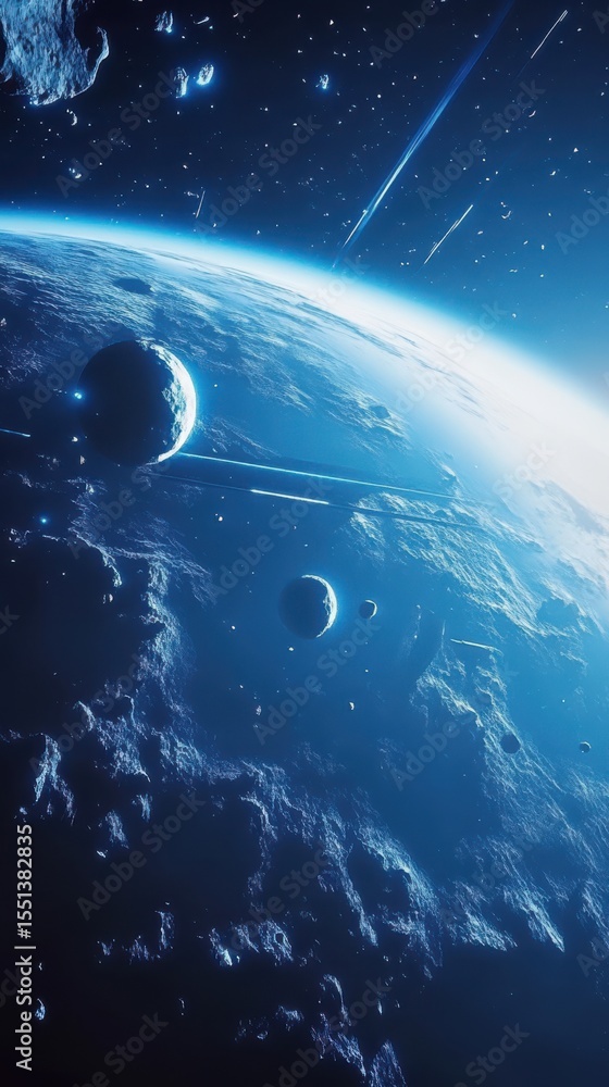 Poster Mysterious planet with multiple moons and meteor shower in space