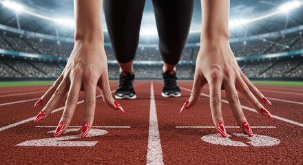 Fierce female athlete with a stylish red stiletto manicure at the starting line of a professional running track. Concept for power, determination, and glamorous feminine strength in a sports stadium.