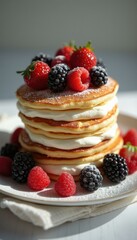 Stack of six delicious pancakes topped with berries and cream