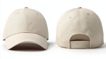 Ball Cap Blank. Beige Cotton Baseball Cap for Clothing Mockup Isolated on White Background