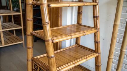 Obraz premium Interior design bamboo, eco-friendly and furniture concept. Bamboo shelf with multiple tiers in a bright interior setting.