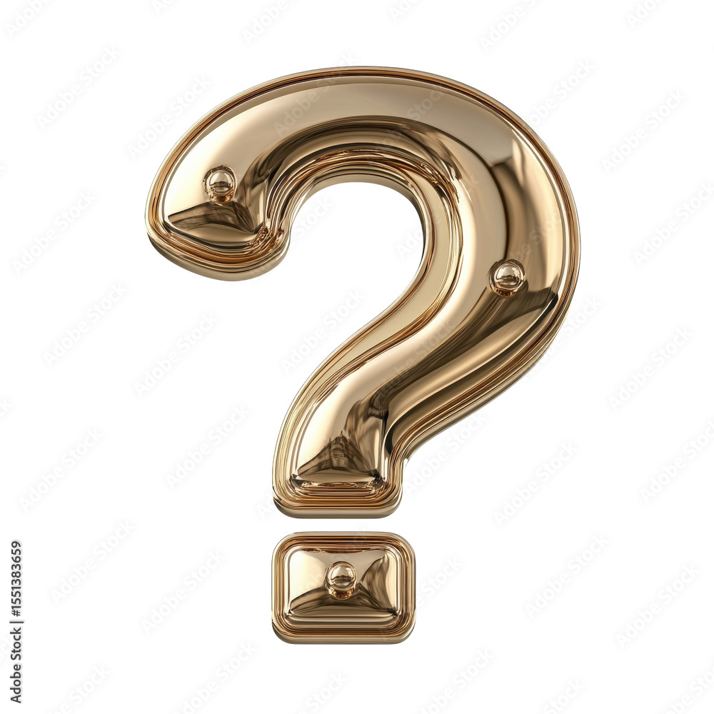 Poster golden question mark symbol 3d render shiny metal texture graphic design on transparent background