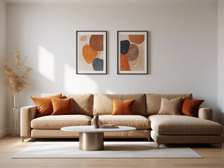 Modern living room with a comfortable sectional sofa abstract art and a stylish coffee table