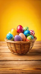 Colorful Easter eggs in a woven basket with yellow background on a wooden table