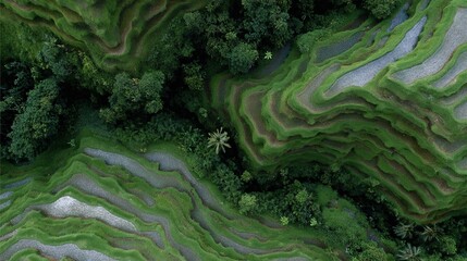 Drone under rice terraces.