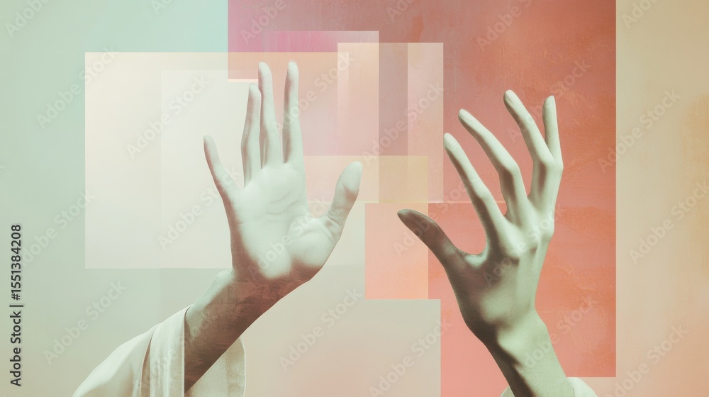 Poster abstract composition of hands reaching towards ethereal shapes