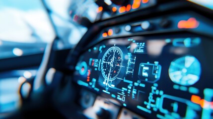 High-Tech Aircraft Cockpit Display with Instruments and Controls