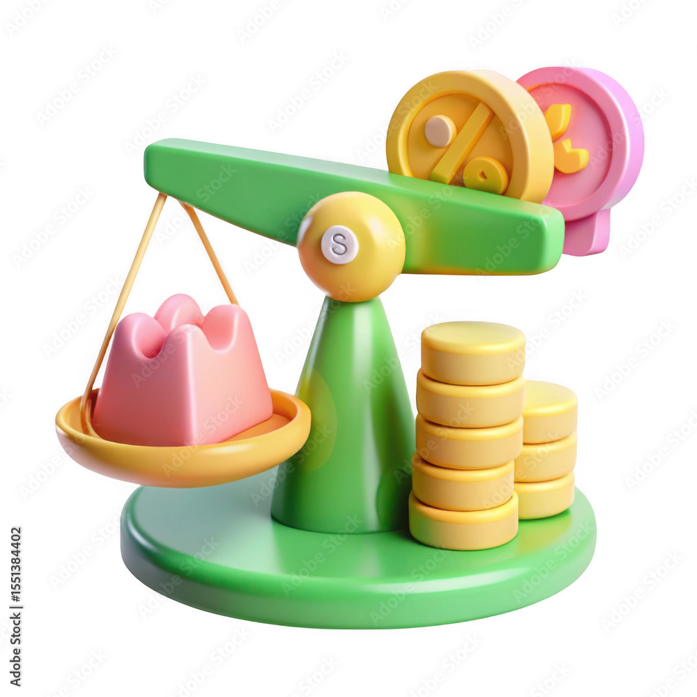 Poster 3d render of a scale balancing savings and interest isolated on transparent background