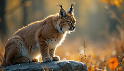 Obraz premium Eurasian lynx sitting on rock in peaceful autumn forest