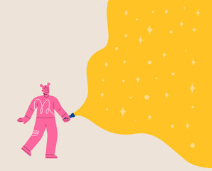 Woman holding a flashlight shines. Concept of searching. Colorful vector illustration