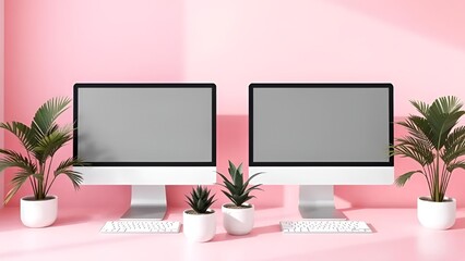 Minimalist Pink Office Scene with Monitors and Green Plants – Hyperrealistic 3D Render