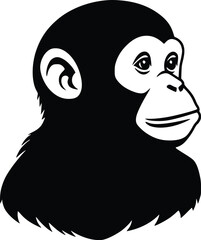 Obraz premium Silhouette of a young chimpanzee head profile, editable vector illustration, black and white, primate portrait, simple design, animal icon, ape,