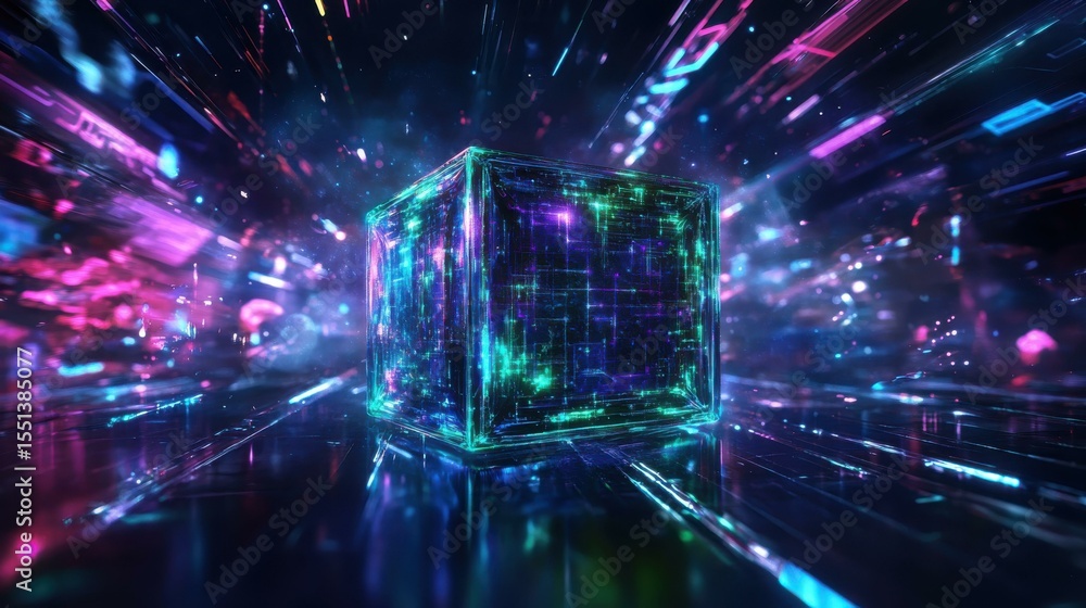 Poster glowing cube with teal and purple circuitry in digital environment
