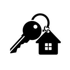 house key with house , A black key with a house shaped keychain on a white background image on transparent background , no background