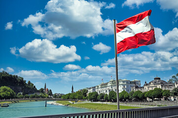 Austrian flag on the bridge in Salzburg, Austria