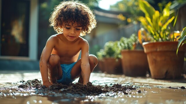 Child Playing in Dirt Outdoor in Summer with Bright Sunshine