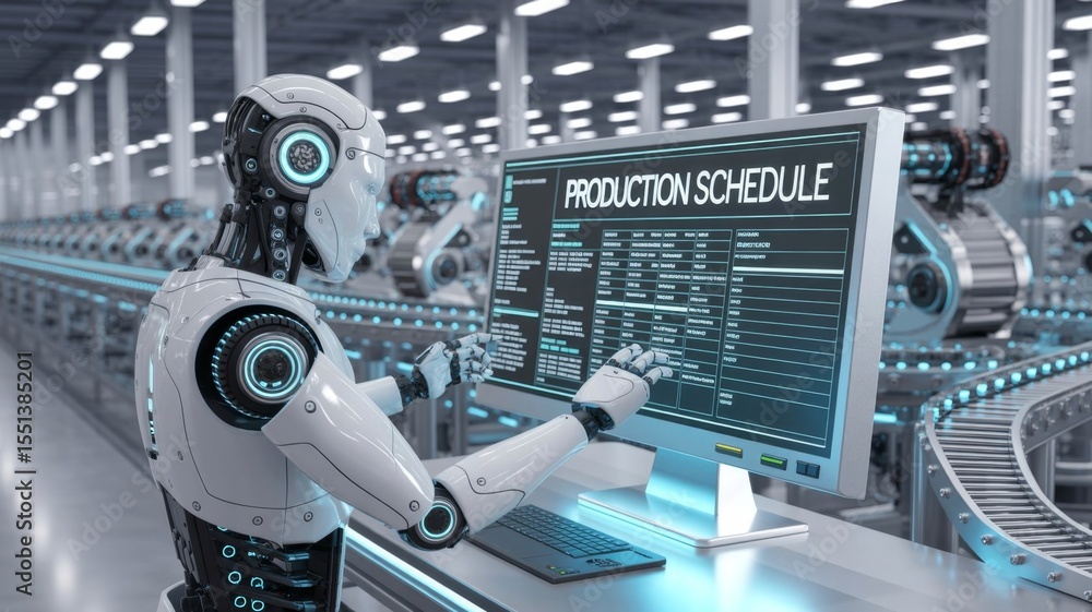 Poster a robot working in a modern factory, interacting with a digital monitor.