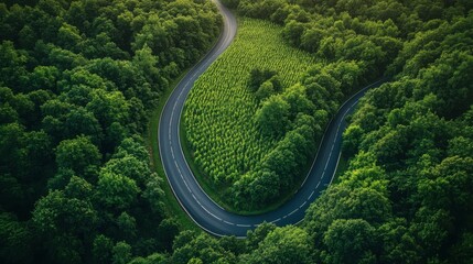 Aerial view of winding road through tranquil rural landscape
