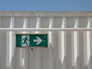 Green Emergency Exit Sign on a white corrugated metal fence with a clear blue sky in the background 