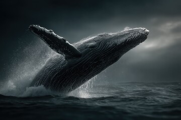 Whale Breaching In Dark Ocean Waters