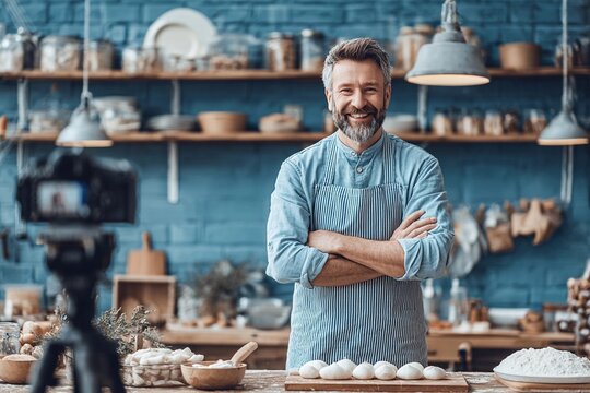 Chef smiles confidently in a cozy kitchen during a culinary demonstration